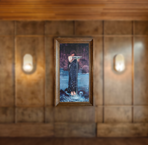 A mythological scene depicting a woman in a flowing dark gown standing in shallow water, holding a shallow bowl or chalice from which liquid streams downward. The figure’s solemn expression and the mystical atmosphere reflect the Pre-Raphaelite fascination with myth and magic. The background is painted in deep purples and blues, enhancing the aura of enchantment.