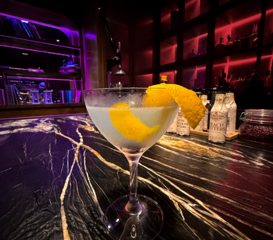 An elevated cocktail with Aviation, Luxardo, Crème de Violette, Lemon Juice
